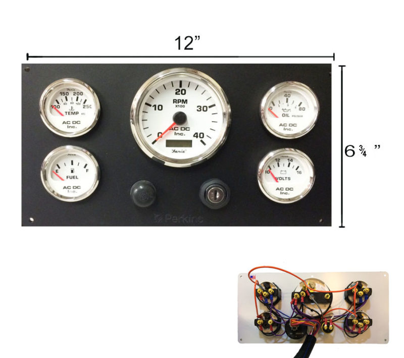 Black Perkins Marine Engine Instrument Panel, White Gauges AC DC