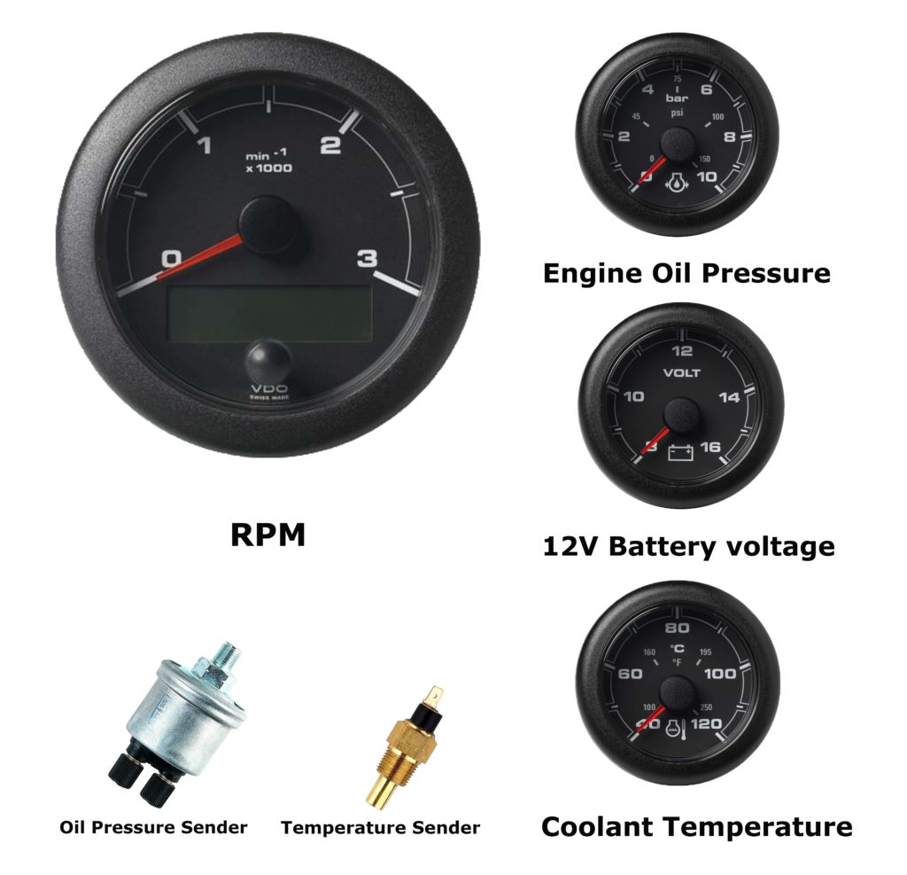VDO Ocean Link Set of Gauges 3000 RPM Black 12V with Sensors AC DC