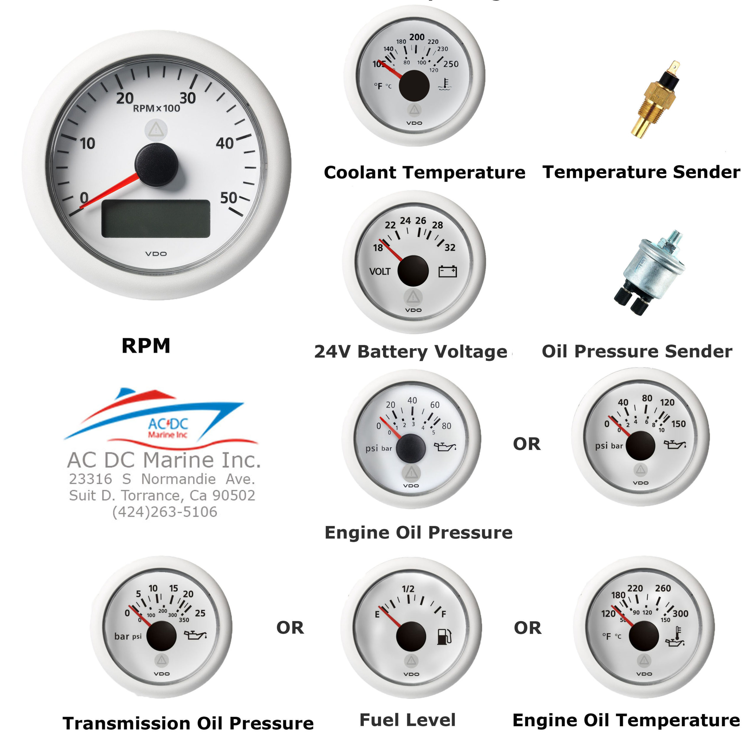 VDO VIEWLINE Set of Gauges 5000 RPM White 24V with Sensors AC DC