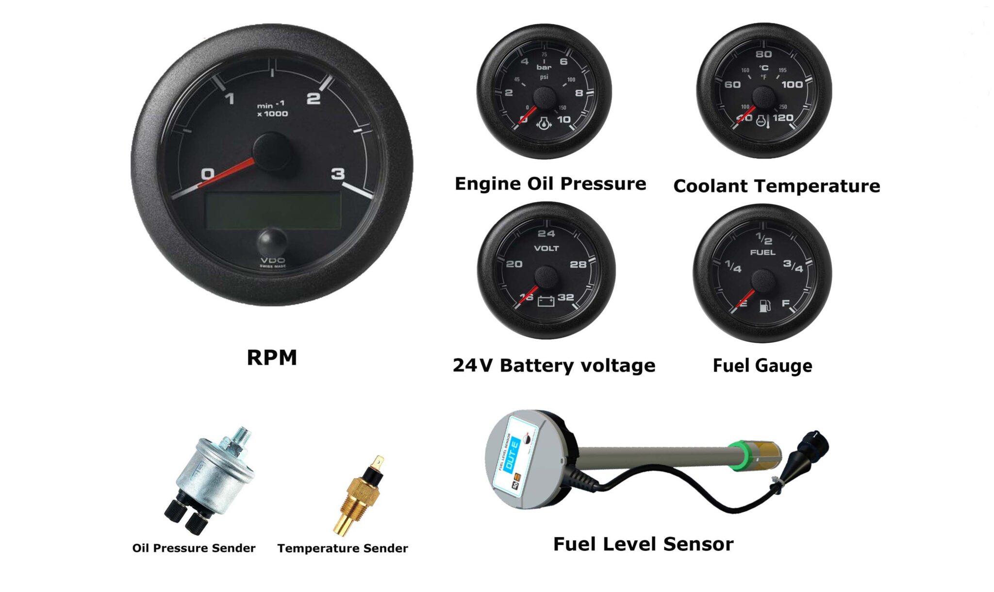VDO Ocean Link Set of Gauges 3000 RPM Black 24V with Sensors & DUT-E ...